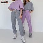 Брюки InstaHot женские спортивные однотонные, хлопковые базовые штаны на шнурке, мягкие свободные джоггеры, женские широкие брюки для отдыха, серый, фиолетовый, 2020