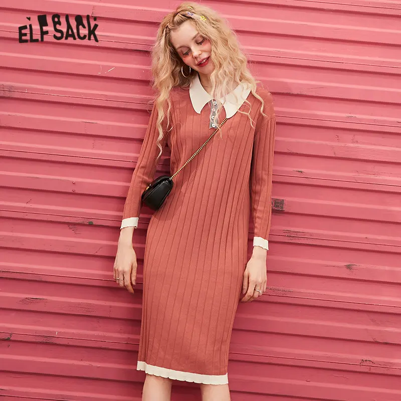 Женские вязаные Повседневные платья ELFSACK черные однотонные с пуговицами и