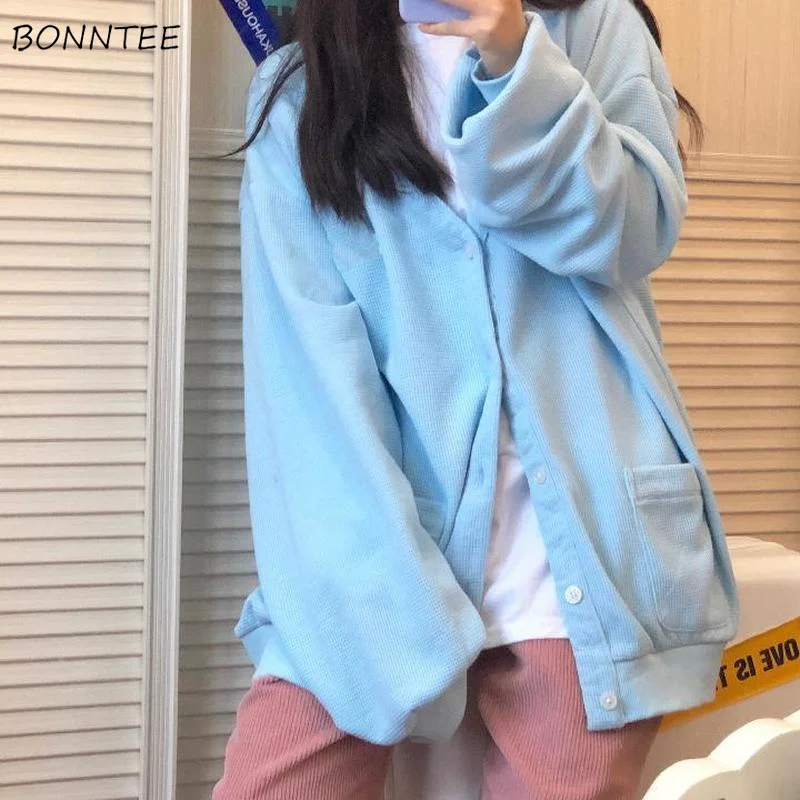 

Sweatshirts Women Korean V-neck Long-sleeve Solid Loose College Kawaii Pockets Zip-up Casual All-match Blue Fashion Vintage Ins