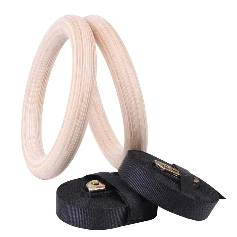 

1 Pair Birch Wood Gymnastic Rings Pull Up GYM Ring for Home Fitness Strength Training. 2.8cm 4.5m Adjustable Straps for Optional