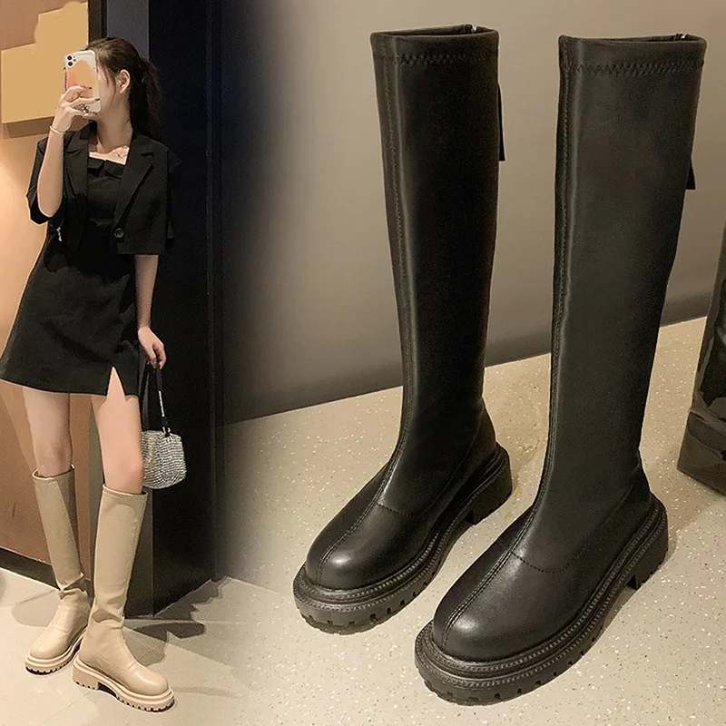 

Slim Flat Thigh High Boots Platform Women Slim Thick Sole Knee-High Boots Women Shoes Black Winter Long Motorcycle Boots Women