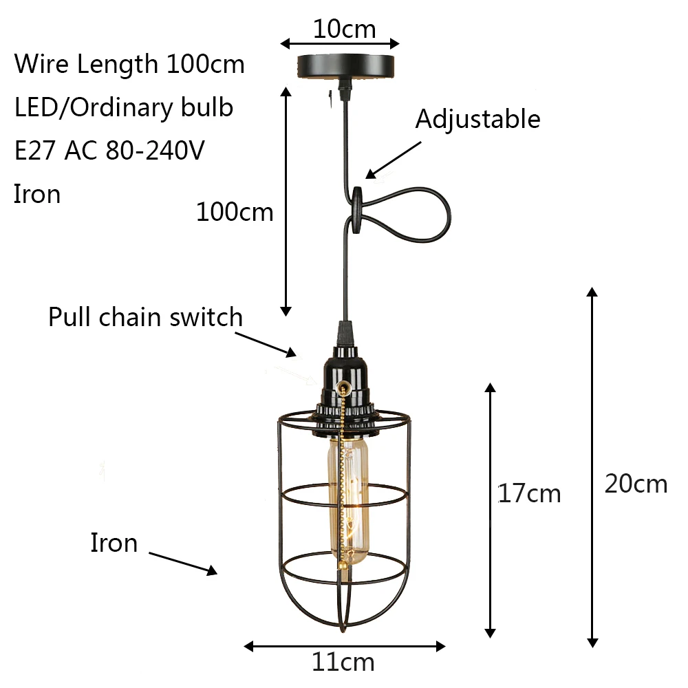 Черная Железная Подвесная лампа E27 в стиле индастриал потолочный светильник
