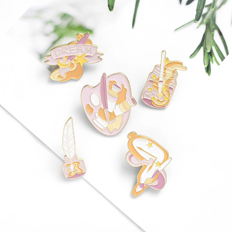 Эмалированная брошь Dream brush розовая фиолетовая романтическая бижутерия булавка