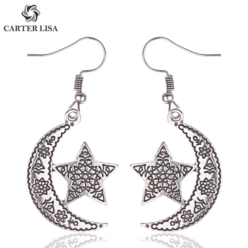 CARTER LISA Шарм в античном стиле Луна со звездой серебряные Висячие серьги для женщин