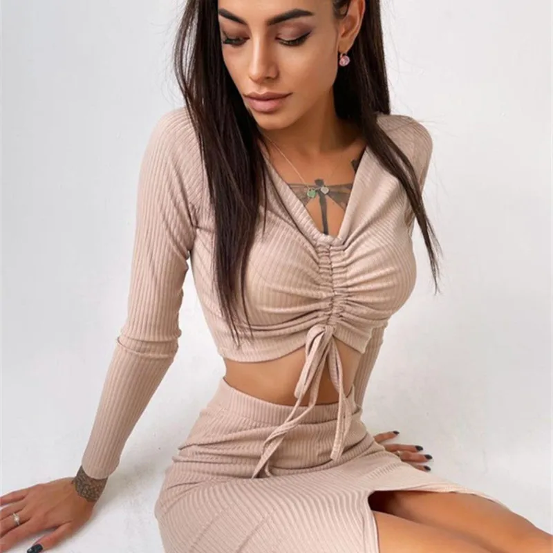 

WJFZQM сексуальный комплект из двух предметов в рубчик с рюшами, укороченный Топ с длинным рукавом и V-образным вырезом и длинная юбка, вечерний...