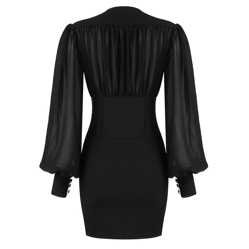 

UKCNSEP 2020 New Arrival Black Sexy V Neck Mesh Patchwork Bodycon Bandage Dress Long Puff Sleeve Runway Party Dress Vestidos
