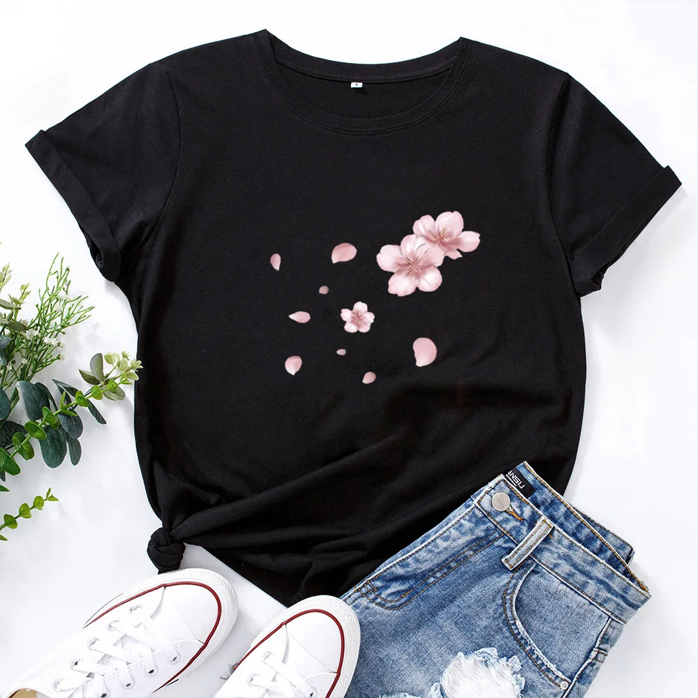 

Fashion Pink Cherry Blossom T-shirt Women O-neck Cotton Short-sleeved T Shirts Women Super Lovely Flowers Art Tops Women Tshirt