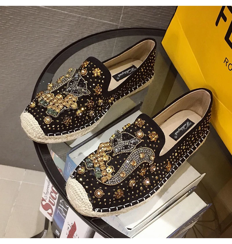 Fashion Hemp Loafers Women Espadrilles Flats Shoes Sewing Rhinestone Round Toe Ladies Casual Moccasins Slip On Brand Style New
