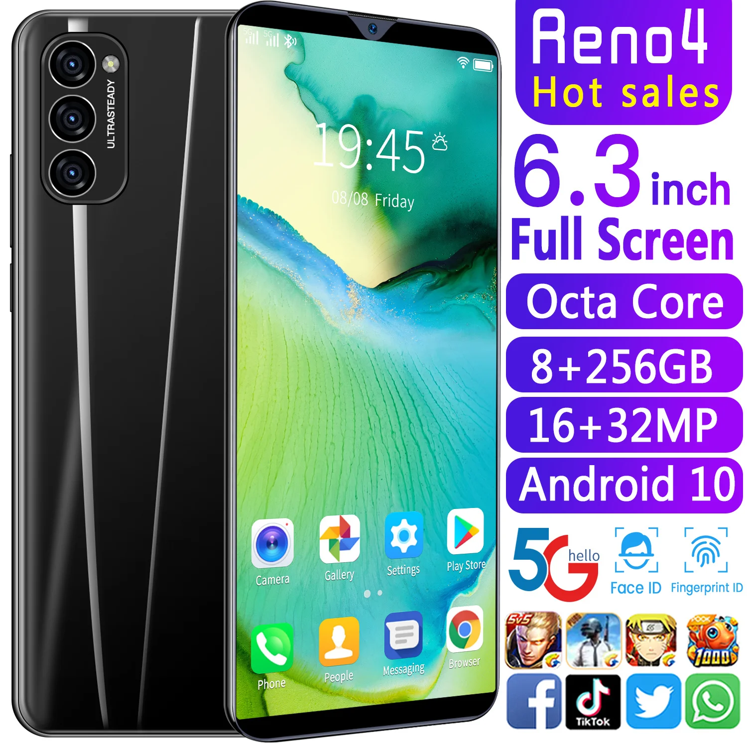 

Reno4 Smartphone 6.3inch 5000mah Android 10 Dual SIM 5G 16MP+32MP HD Camera Face Wake 8GB+256GB Global Version Network Phon