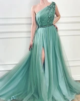 green moroccan evening dresses a line one shoulder tulle appliques beaded slit long turkey dubai saudi arabia prom dress gown