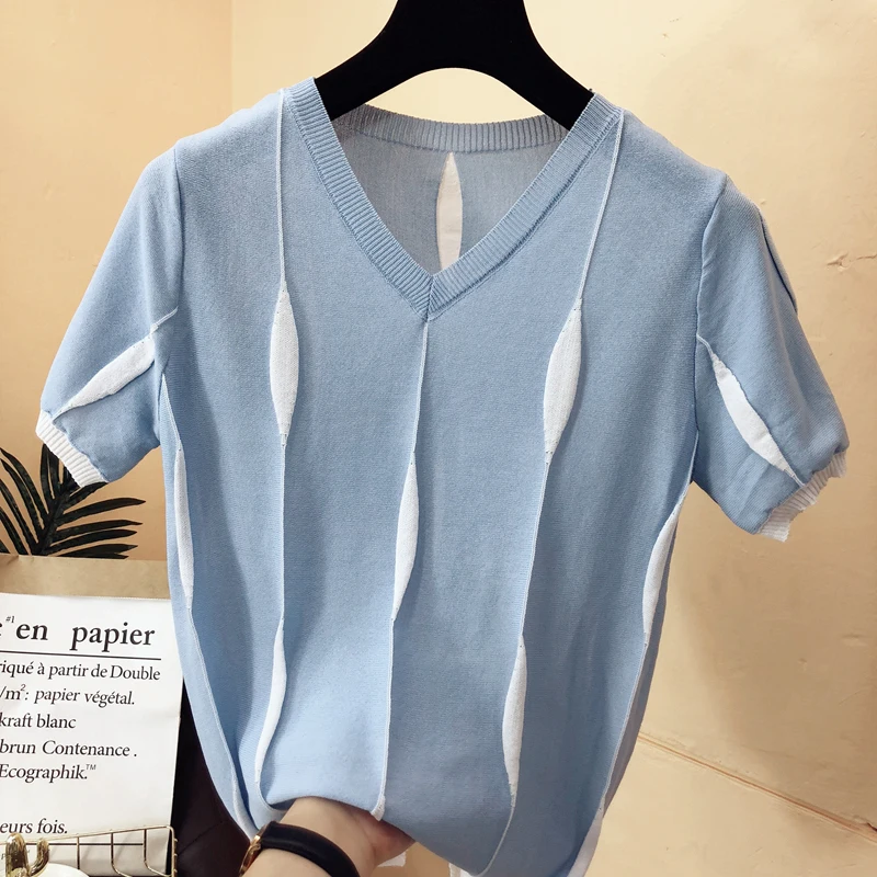 

Women's V-neck Short Sleeve T-shirt Exquisite Knitwear Ladies Casual Top 2021
