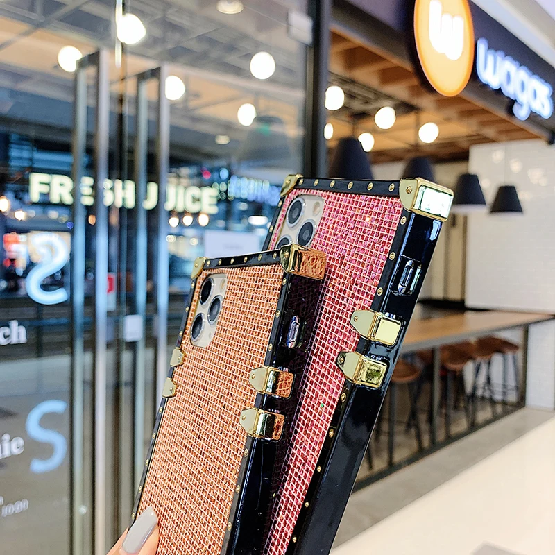 

Luxury Square Glitter Crystal Holder Phone Case For Samsung S9 S10 S20 Plus A50 A51 A71 Note 20 Bling Shining Diamond Back Cover