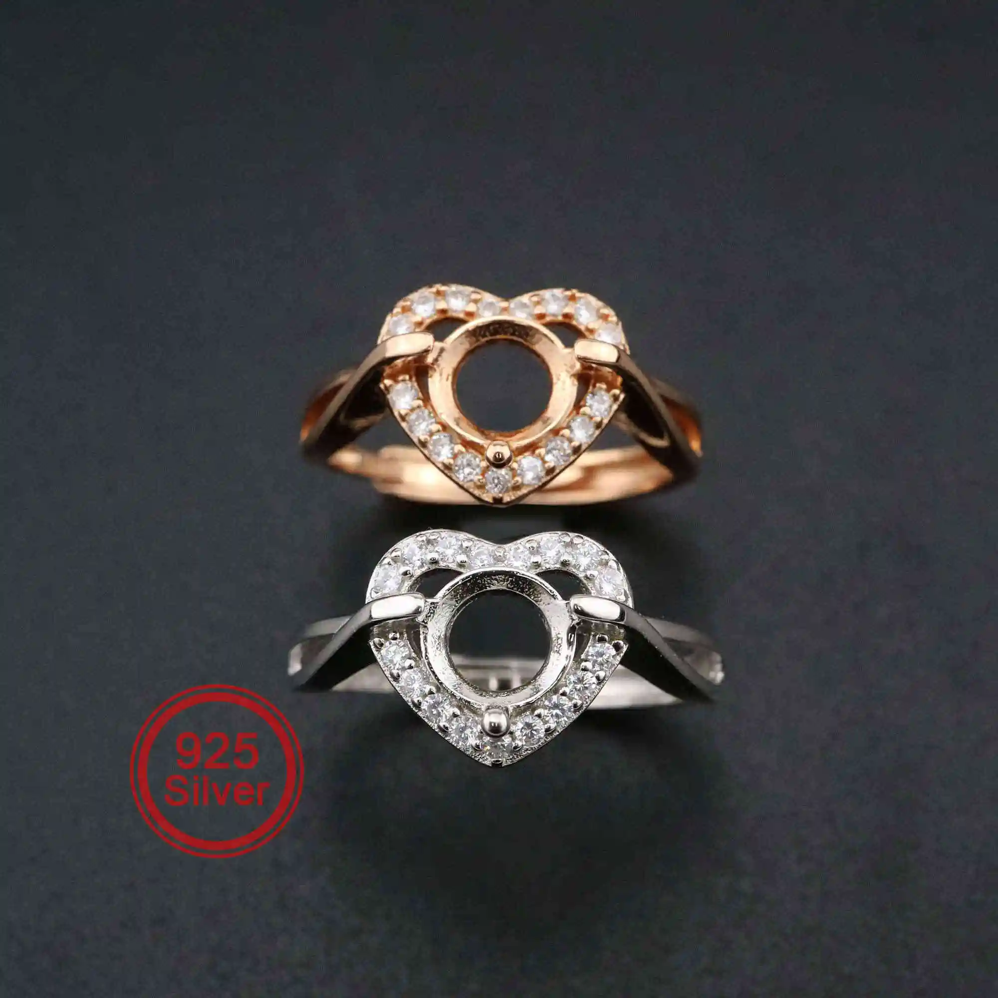 6,5 MM Runde Lünette Herz Form Rose Gold Überzogen Solid 925 Sterling Silber DIY Einstellbare Prong Ring Einstellungen Blank 1210059