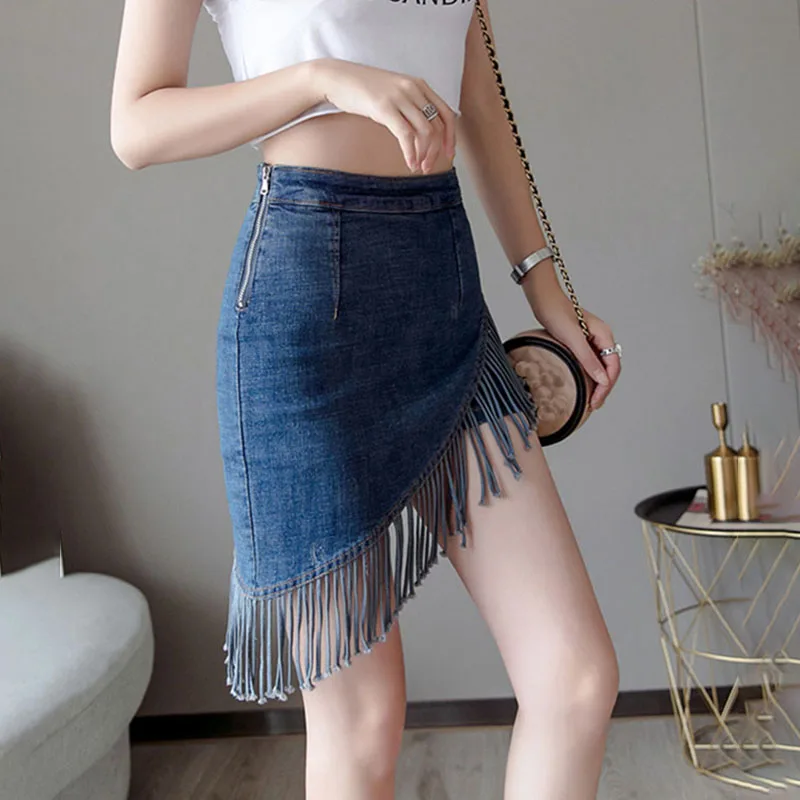 Летняя джинсовая юбка с бахромой короткая Корейская на молнии высокой талией