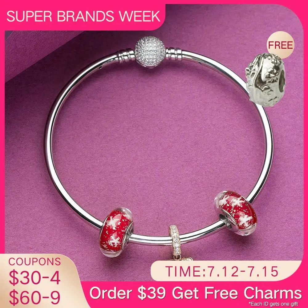 

ATHENAIE 925 Sterling Silver Rose Gold Shamrock Hearts Pendant with Red Snowflake Glass Beads Complete Charms Bangles Fit Women
