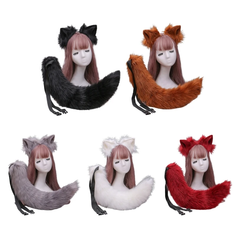 

Simulation Plush Ears Headband with Solid Color Furry Animal Long Tail Set