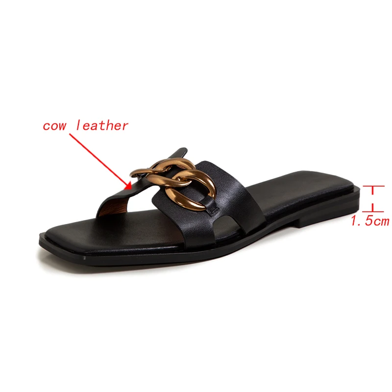 Kanseet Summer 2021 New Women's Slippers Metal Decoration Real Leather Female Shoes Comfort Basic Low Heels Slippers Woman
