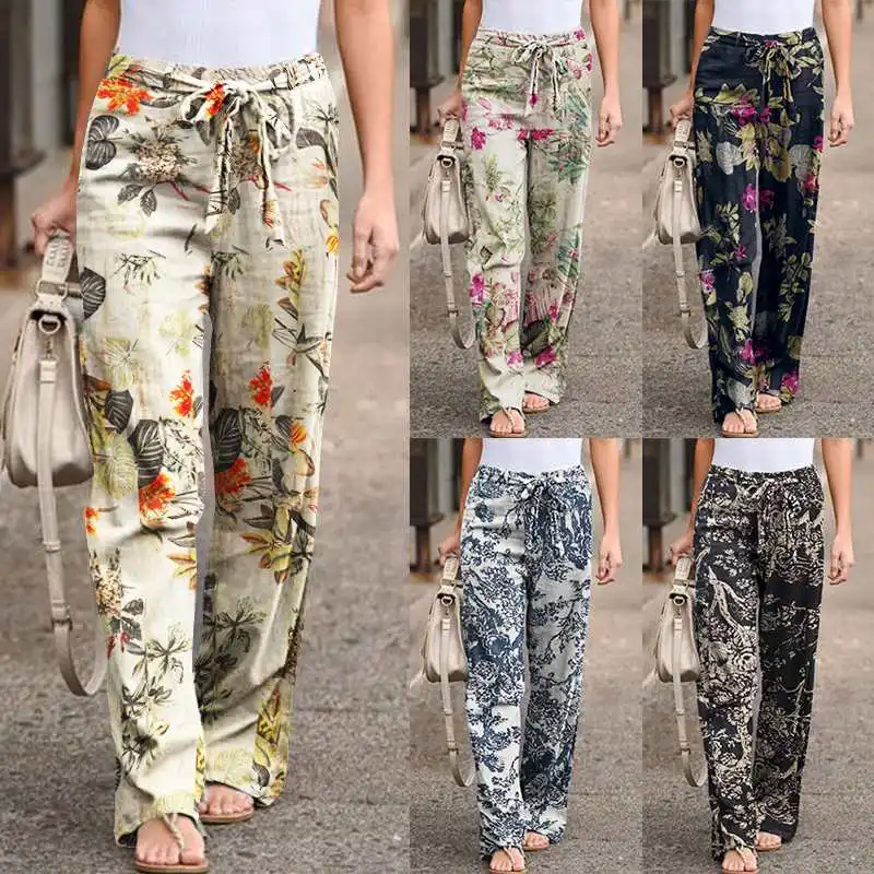 

Vintage Printed Pants Women's Autumn Trousers Casual Elastic Waist Pantalon Female Drawstring Long Turnip