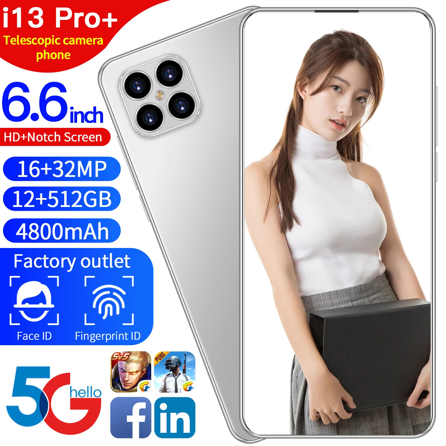 

I13 Pro 12GB 512GB 16MP 32MP Global Version Android 10 6.6 Inch Smartphone Snapdragon 888 4800mAh Face Recognition Cell Phones