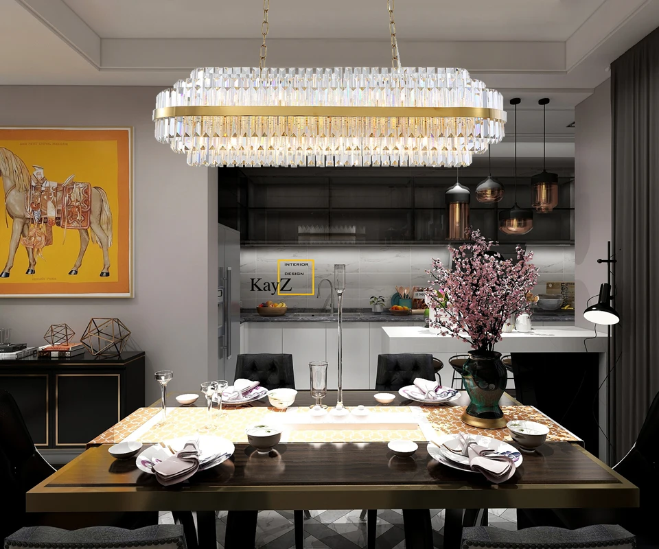 

Modern crystal chandelier for dining room oval design kitchen island chain light fixture gold home decor led chain light fixture