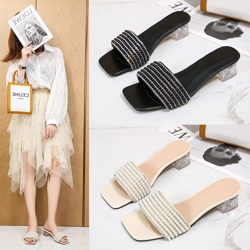 Summer Mid-heel Rhinestone Transparent Women's Slippers 2022 New Crystal High-heeled Sandals Fashionable Sexy Large Size 35- 45