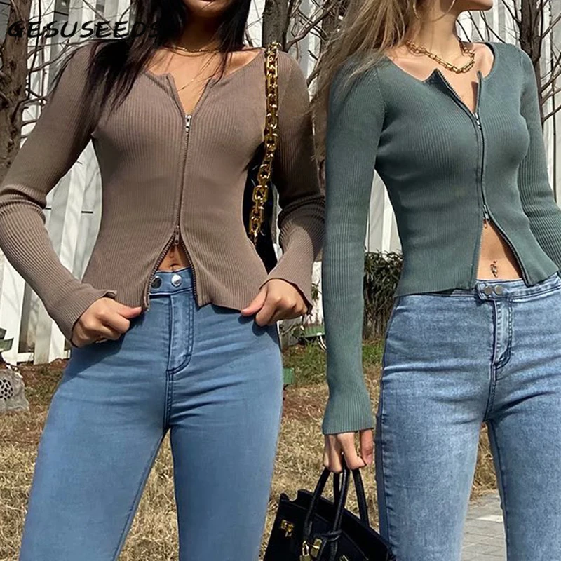 

Casual sweater women 2021 spring cropped cardigan black o neck sweater knit long sleeve tops women sexy sweater zipper female