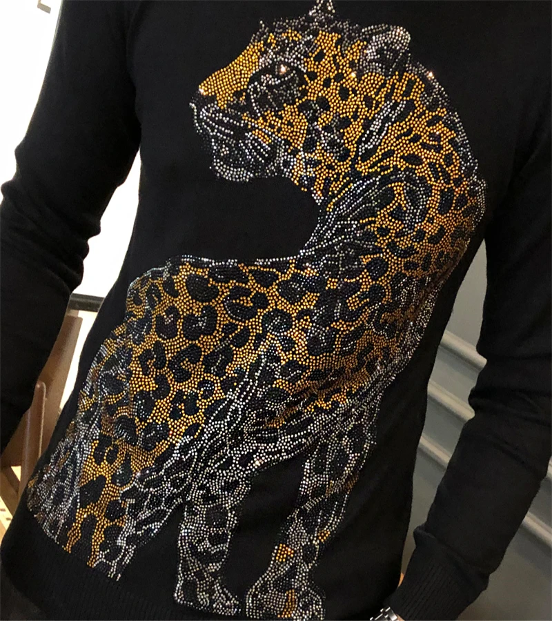 

2021 Autumn And Winter Men's Sweater Slim Youth Leisure Personality Tiger Hot Drilling Top Quality