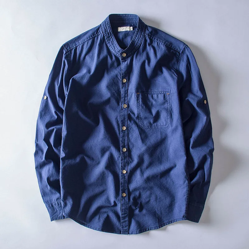 

Trendy Breathable Stand Cotton Linen Print Casual Men's Dress Shirt Button Slim Fit Men Shirts Long Sleeve Camisa Masculina