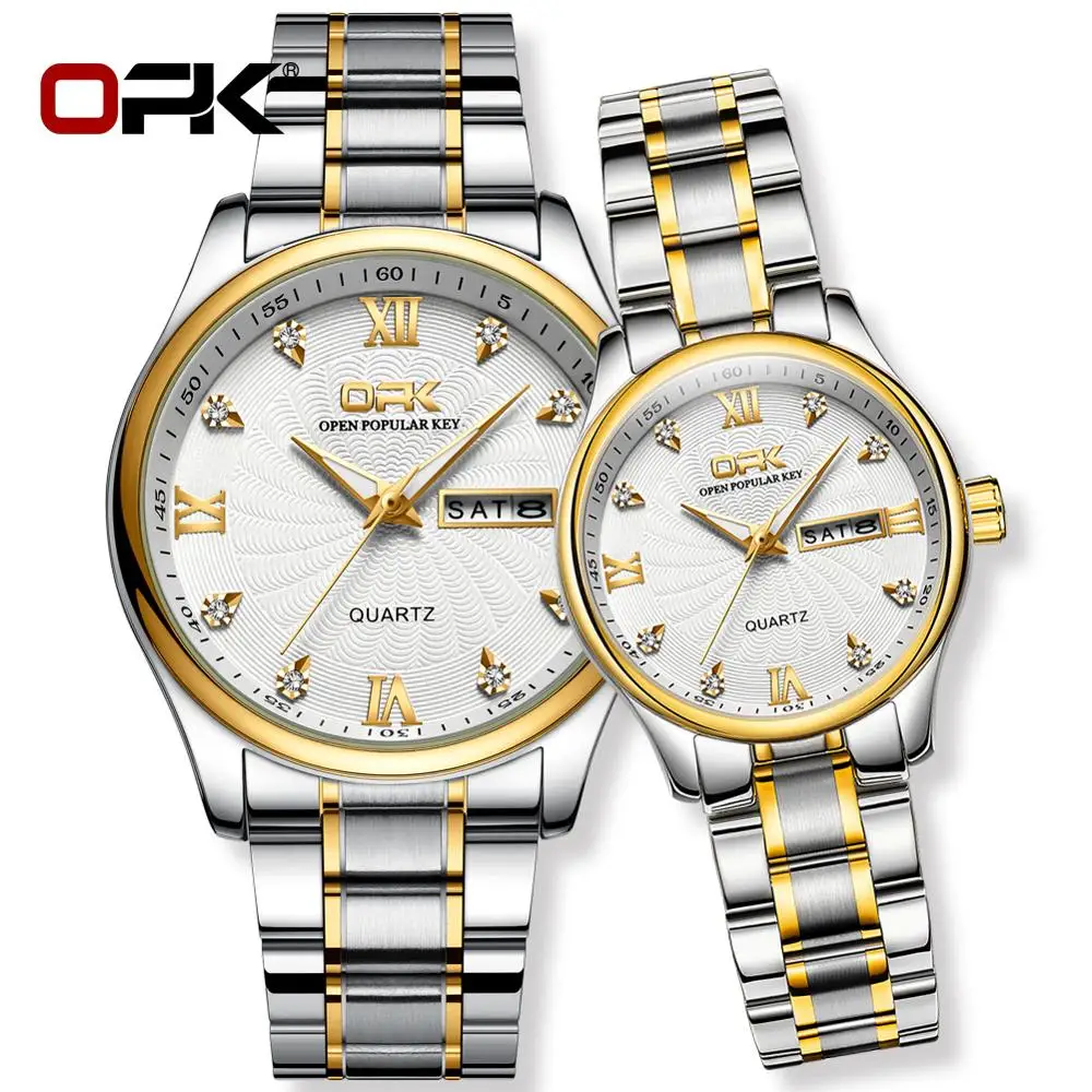 

OPK original quartz movement fine steel watch band double calendar night light waterproof men and women fashion couple Watch