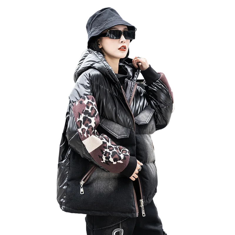 Женские модные джинсовые парки в стиле панк с леопардовым принтом коллекция