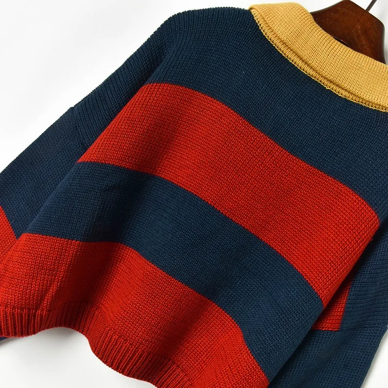 

Luxury Brand Designer Knitted Pullovers for Women Causel Turn Down Collar Contrast Color Striped Loose Knitted Sweater