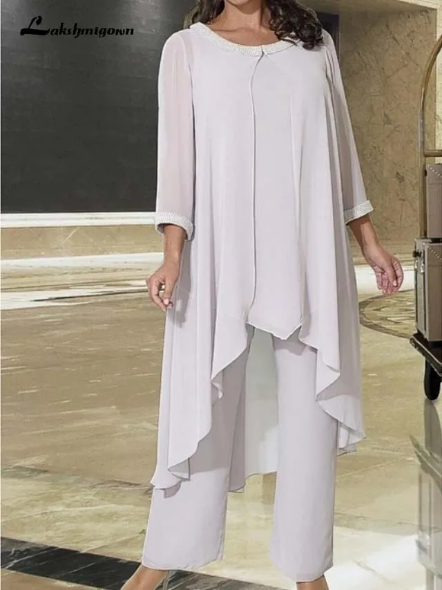 

Plus size Mother of the Bride Pant Suit Elegant Jewel Neck Floor Length Chiffon 3/4 Length Sleeve with Pleats 2022