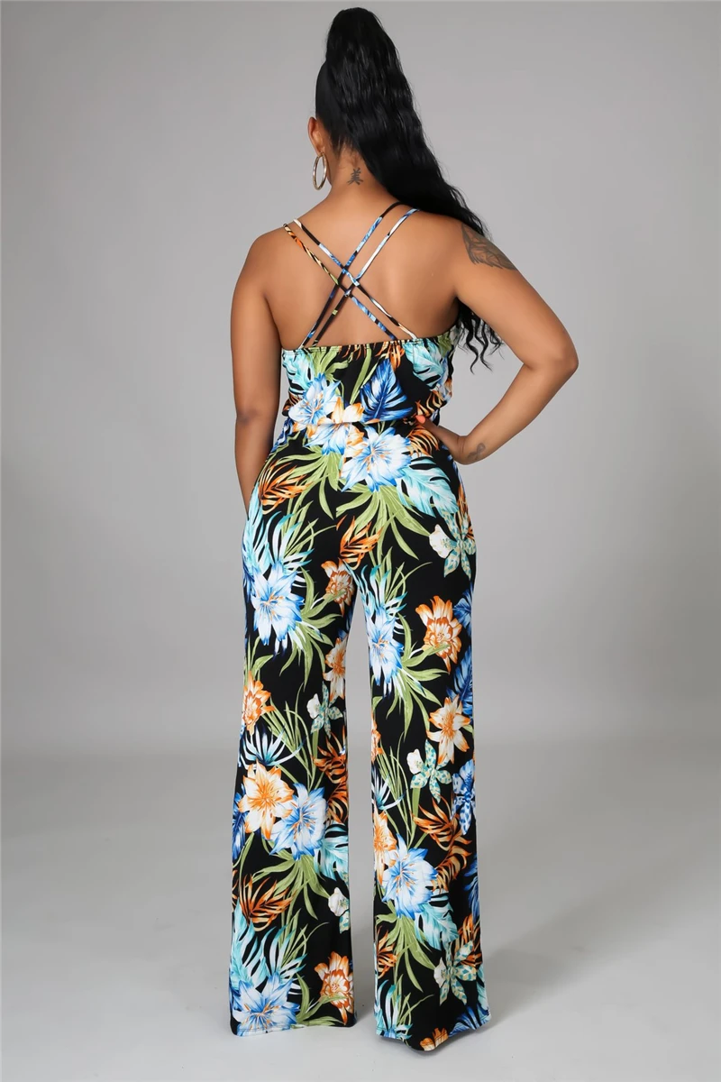 

African Clothing for Women Summer Sleeveless Floral Printing Sling Rompers Sexy Fashion New Sandy Beach Style Casual Long Pant