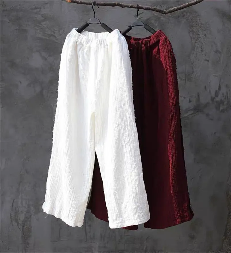 Plus Size Bottoms L-7XL Autunm Women Long Pants Loose Casual Wide Leg Cotton Linen Soft Trouser White Wine 12 Color |