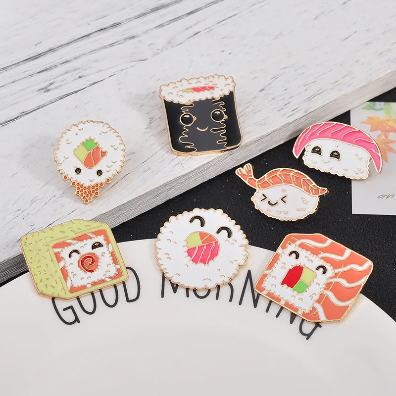 7 Style Collection Enamel Pins Brooches for Women Backpack Clothes Lapel Pin Sushi Salmon Brooch Badges Creative Cartoon Jewelry