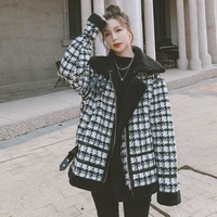 2022 thousand bird check lamb cashmere coat fur one piece cardigan womens winter korean loose thickened jacket motorcycle suit