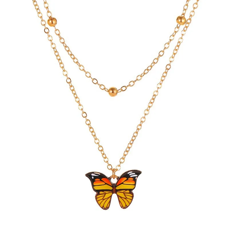 

100pcs / lot hot sale retro double bead Butterfly Necklace dream color butterfly clavicle chain ins fashion female jewelry