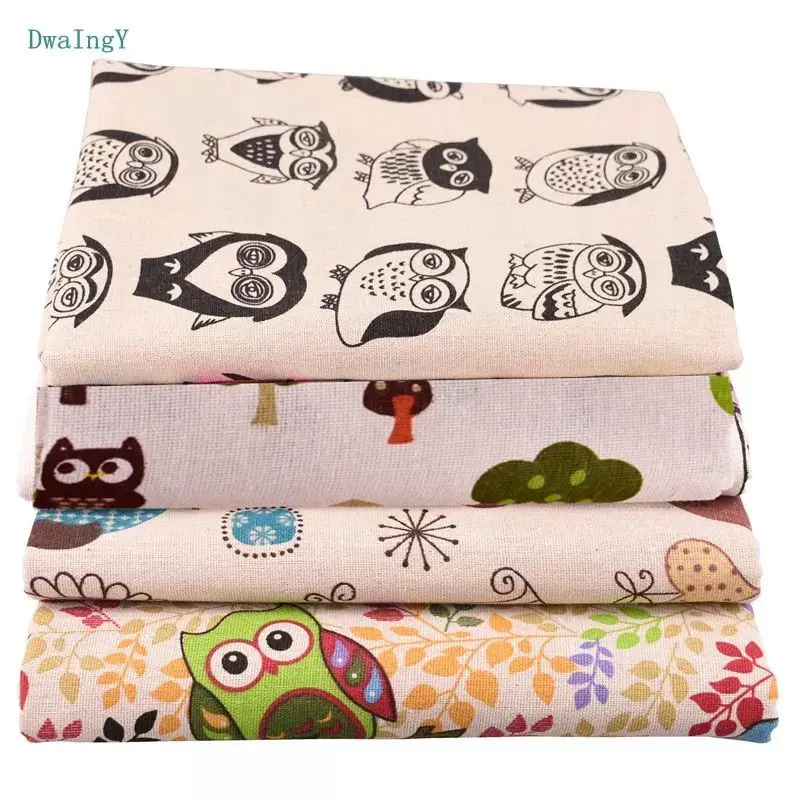 DwaIngY 4pcs/lot Owl Series 45x50cm/pcs Printed Cotton Linen Fabric For Patchwork DIY Quilting Sewing Placemat Bags Material 01