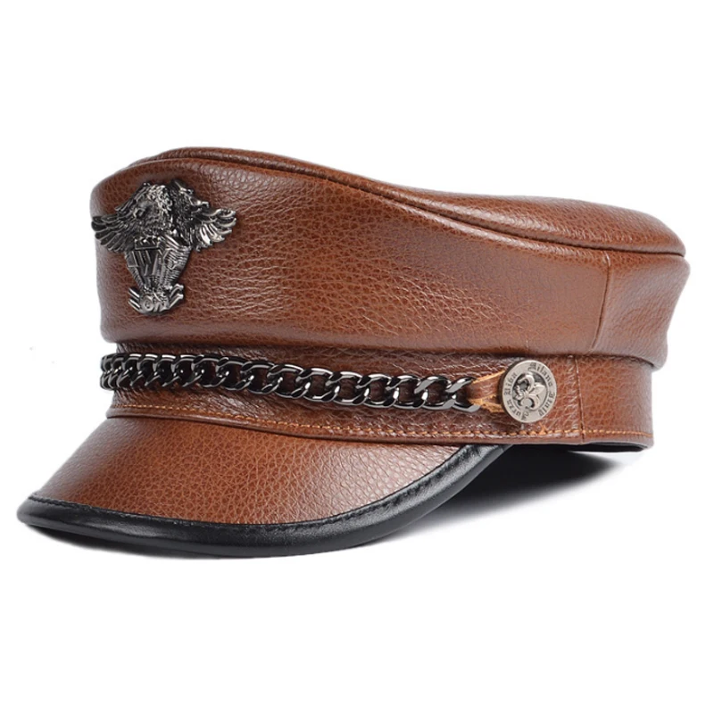 

Кепка в стиле унисекс, немецкая Кепка в стиле милитари, в стиле панк, из натуральной кожи, с плоским верхом, корейский стиль, с цепочкой и изображением орла, локомотивная