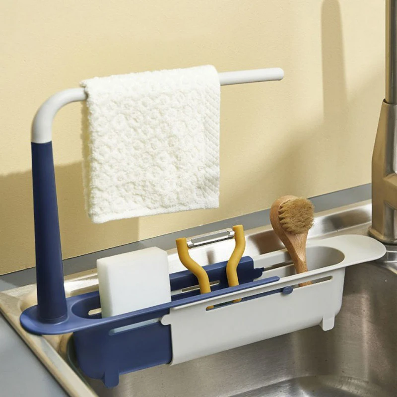 

Телескопическая стойка для хранения раковины, кухонный поднос для мытья, держатель губки для мыла, регулируемая сливная корзина, органайзе...