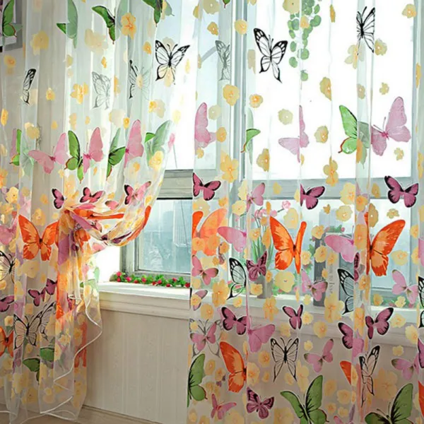 Washable Butterfly Printed Tulle Window Curtains Hanging Decorations Screens Sheer Voile Door Drape Panel Scarf Assorted 0.95X2M | Дом и сад