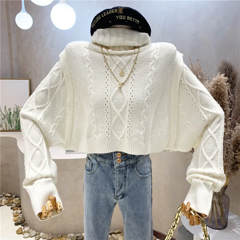 

Нишевый дизайн, новая женская одежда, зима 2021, свитер с длинным рукавом и высоким воротником, универсальная облегающая короткая вязаная руб...