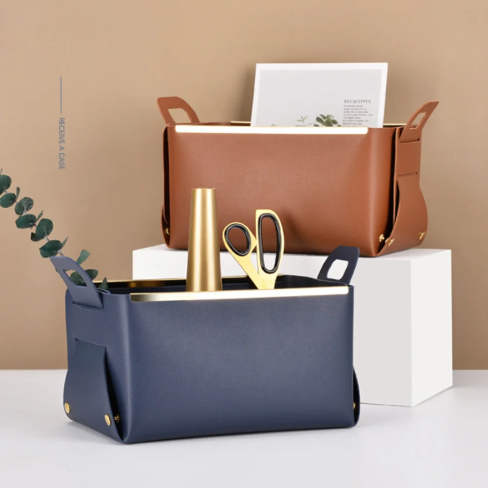 

Leather Storage Bag Creative Basket Household Large Cosmetic Drawer Bedroom Storage Box Desktop Folding Travel Makeup Bag
