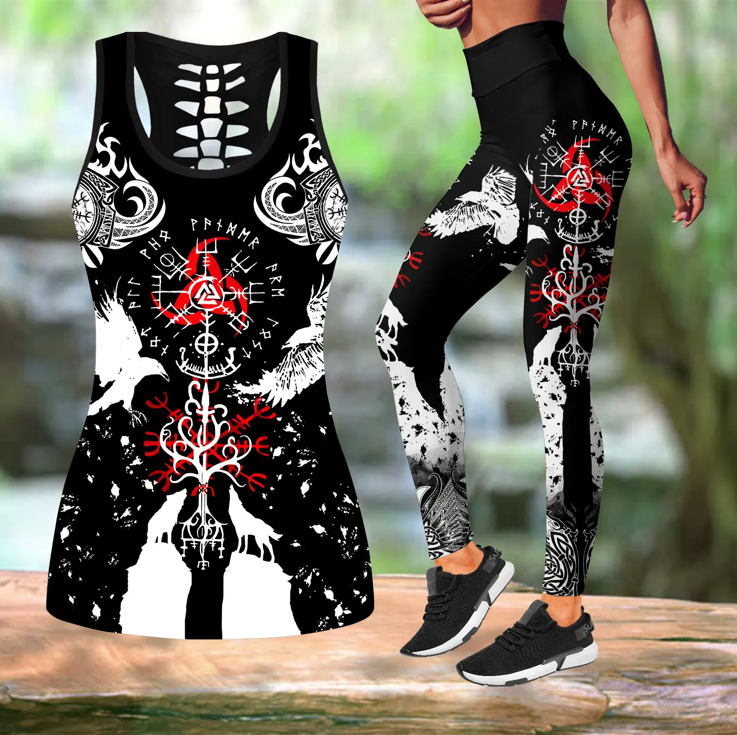 Viking Raven Tattoo 3D Printed Hollow Tank Top & Leggings Set Fitness Female Full Length Leggings Comfortable Yoga Pants LKB-03