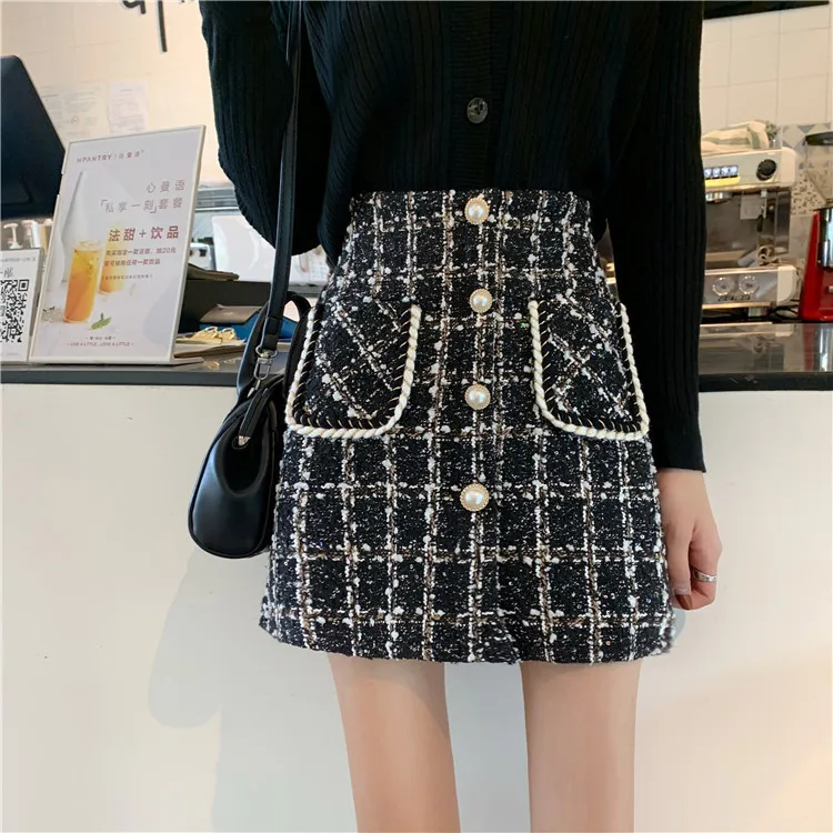 Новая мода твидовая клетчатая короткая трапециевидная мини черная трикотажная