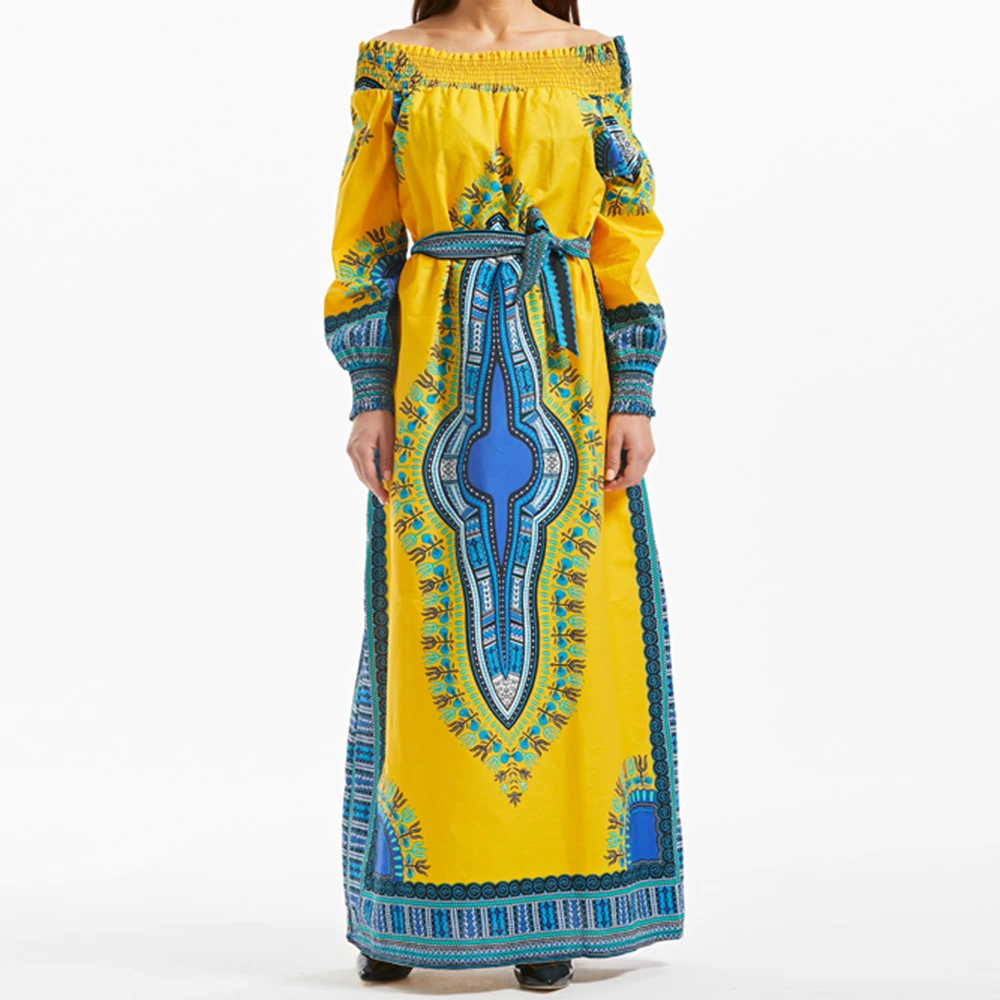 

Женское платье-макси с длинным рукавом, высокой талией и принтом