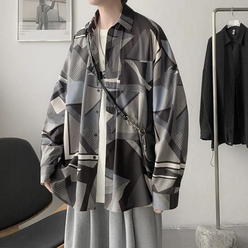 

Geometric print shirt man jk tops Harajuku Blouses casual loose port style drape Oversized tops men's clothing