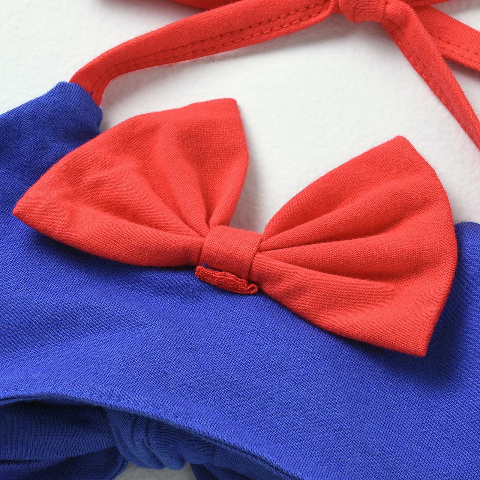 

0-24M Infant Baby Girl Clothes Contrast Color 3pcs Sleeveless Halter Crop Top with Bow Decorations Triangle Shorts+Headband