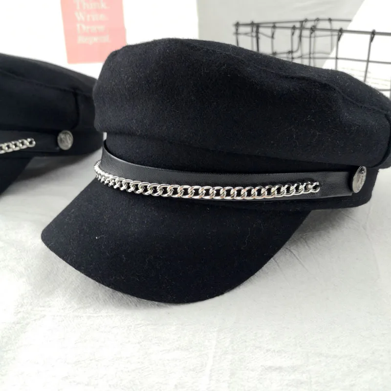 Осенне зимняя женская шерстяная восьмиугольная шапка с цепочкой винтажные