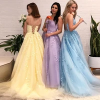 new a line long evening dresses lace appliques spaghetti strap prom dresses backless lace up evening party gowns robe de soiree